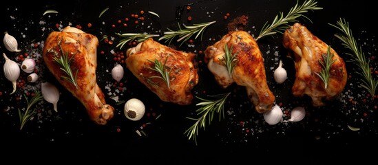 A top down view of fried chicken legs garnished with rosemary garlic and chili with a blank space for additional visuals