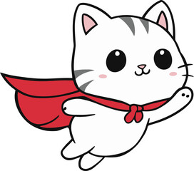 A kawaii cat in a superhero cape and flying illustration