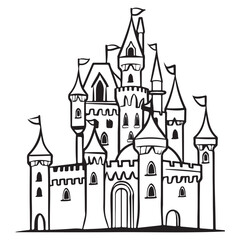 Fototapeta premium Line art cartoon design of castle palace, black vector illustration on white background