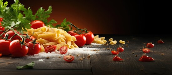 Cooking pasta with a delightful blend of tasty Italian pasta fresh tomatoes onions and garlic creating a captivating copy space image