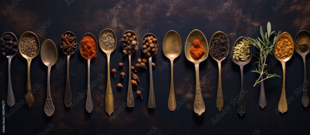 Poster toned copy space image of aged metal spoons arranged with herbs and spices on a dark background