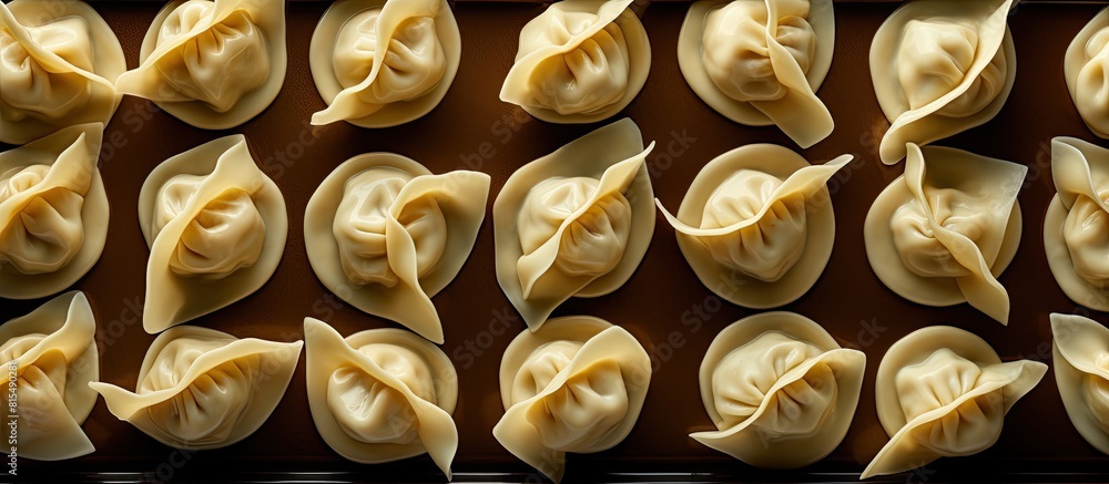 Poster The menu concept features tortellini with filling also known as ravioli dumplings on a food background It is presented in a top view with copy space