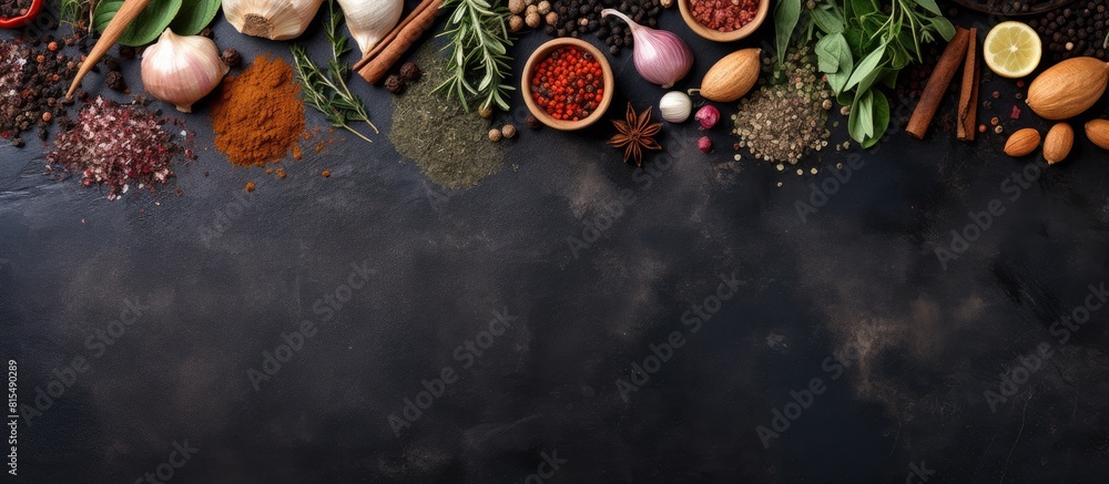Aufkleber A top down view of a stone table adorned with an assortment of flavorful herbs and spices creating a vibrant cooking scene There is ample space for your text in this captivating copy space image