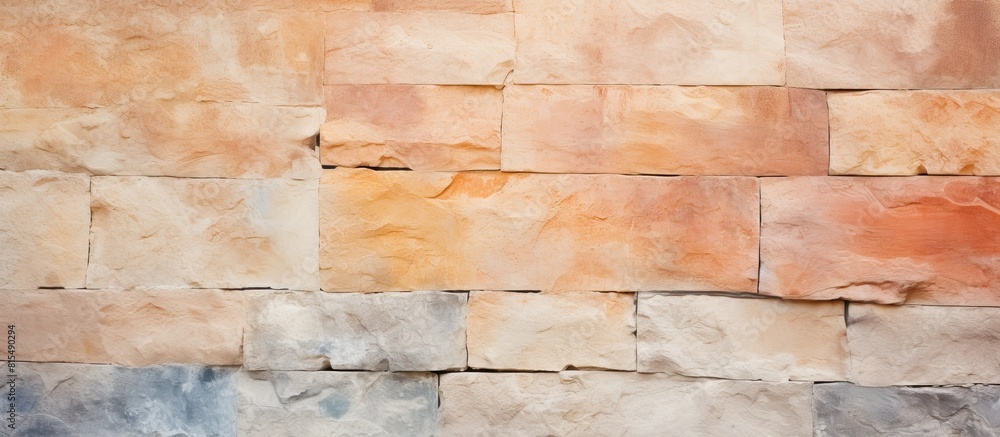 Poster close up of a stunning colorful stone wall with stucco and paint the background has a peachy orange 