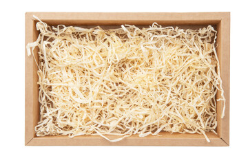 Empty cardboard box. Open box. Box with packing hay. Isolate on white