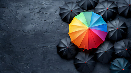 A colorful rainbow umbrella peeks through a uniform cluster of black umbrellas, set against a minimalist background with plenty of copy space. This image conveys a sense of uniqueness and the