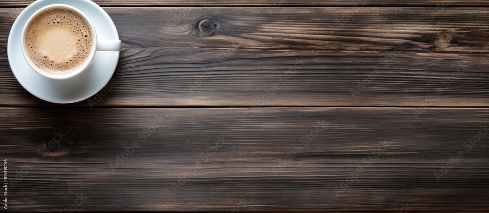 Aufkleber A copy space image of a black coffee cup with milk is seen from a top view on a wooden table background It represents the concept of a morning breakfast drink
