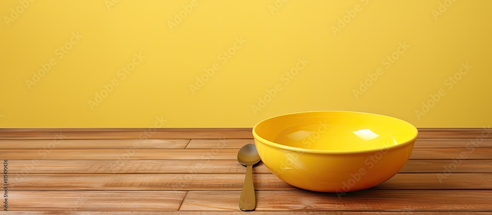 Poster copy space image available for design work with an empty yellow plastic dish and spoon on a wooden f
