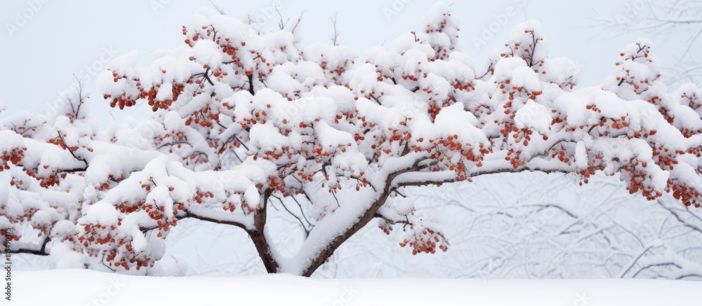 Aufkleber a wintery scene of a brown tree branch covered in snow offering the perfect backdrop for a copy spac