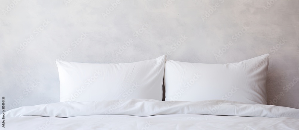 Aufkleber A white bed sheet and pillows are set against a clean interior background featuring a wallpaper pattern picture with empty space for copy or text. Creative banner. Copyspace image