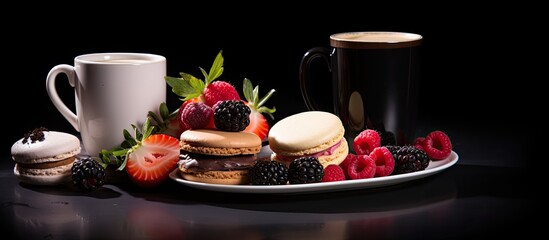A copy space image featuring a black background with a tempting selection of breakfast items including coffee with a macaroon and a spoon a white cup with cappuccino and a delicious cheesecake with b