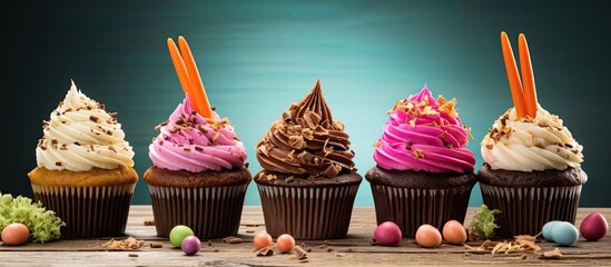 Delicious Easter cupcakes with homemade decoration candy carrots chocolate buttercream and sweet sprinkles Perfect for any celebration. Creative banner. Copyspace image