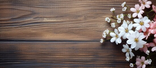 A beautiful image with a love heart and flower set against a rustic wooden background providing ample copy space