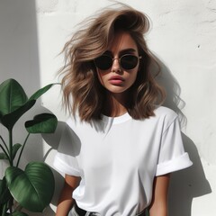 A woman wearing sunglasses and a white t shirt mockup image attractive  .