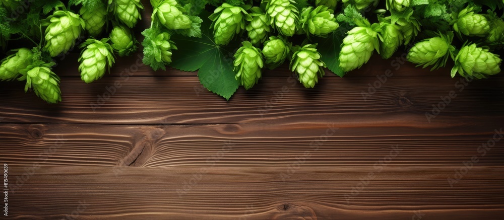 Poster top view of fresh green hops on a wooden table with ample space for adding text in the image