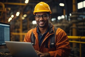 Factory worker using laptop for system inspection in oil refinery factory