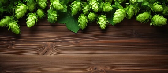 Top view of fresh green hops on a wooden table with ample space for adding text in the image