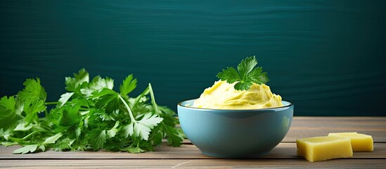 A small bowl with fresh slices of yellow butter is garnished with a parsley leaf It is placed on a blue wooden background with ample space for text or other images
