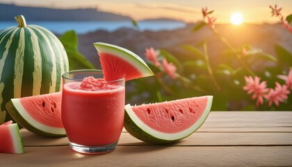 A glass of watermelon juice with fresh watermelon on wooden table outdoors