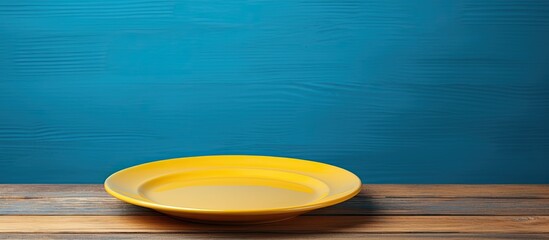 A copy space image of a yellow plate placed on top of a blue wooden table