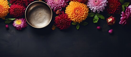 Top view of Tibetan singing bowls with water accompanied by a vibrant arrangement of chrysanthemum flowers captured on a grey textured table Copy space image