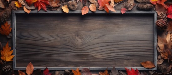 A wood background with dried leaves arranged in a frame captures the essence of autumn The flat lay composition offers a top view with copy space