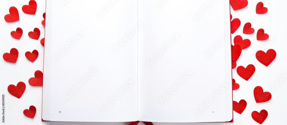 Fototapete An isolated copy space image of a notebook adorned with red pen and heart designs on a white background