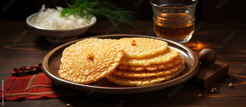 Poster a plate of puffed rice pancakes is placed on the table ready to be enjoyed 83 characters. creative b