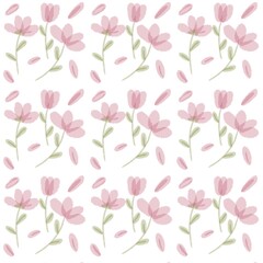 Background with pink floral pattern interspersed with leaves.