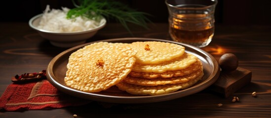 A plate of puffed rice pancakes is placed on the table ready to be enjoyed 83 characters. Creative banner. Copyspace image