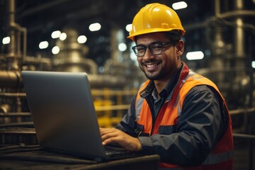 Factory worker using laptop for system inspection in oil refinery factory
