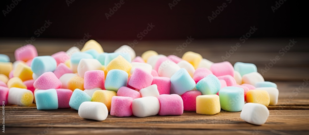 Aufkleber Colorful mini marshmallows with candy are displayed in a closeup shot on a wooden table creating an appealing background or textured surface Ample copy space is available
