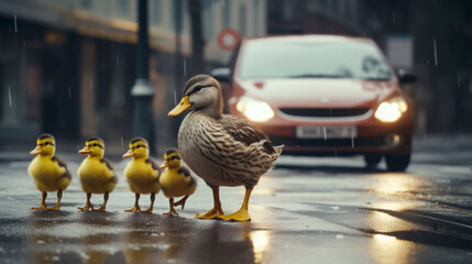 A duck with ducklings crosses the road on the street