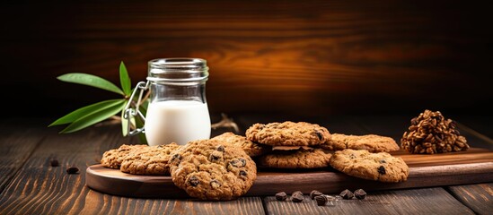 A healthy snack concept featuring homemade oatmeal cookies displayed on a wooden board against the backdrop of an old table Perfect for copy space image