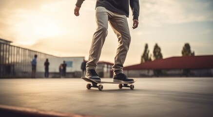 Fototapeta premium Young guy skater rides a skateboard on the street close-up