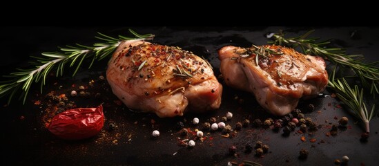 A copy space image showcasing marinated raw chicken thighs with fresh rosemary spices and garlic on a dark background