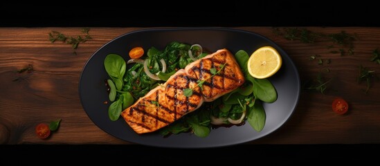 Top view of a grilled salmon dish with a side of spinach perfect for showcasing in a copy space image