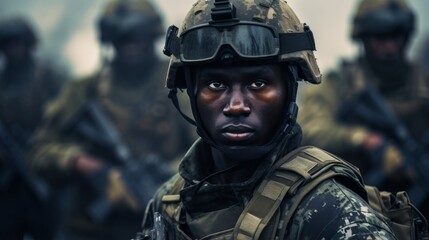 Dark-skinned military man in uniform and helmet close-up