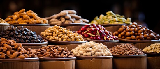 Medieval market stall offers a wide selection of nuts making it a perfect option for a copy space image