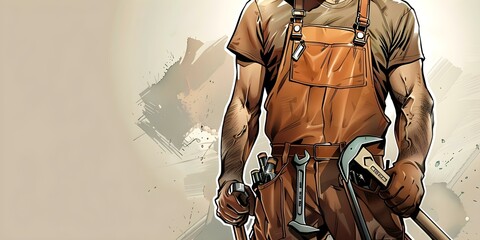 Worker in comic style holding various tools like hammer and wrench. Concept Comic Style, Worker, Tools, Hammer, Wrench