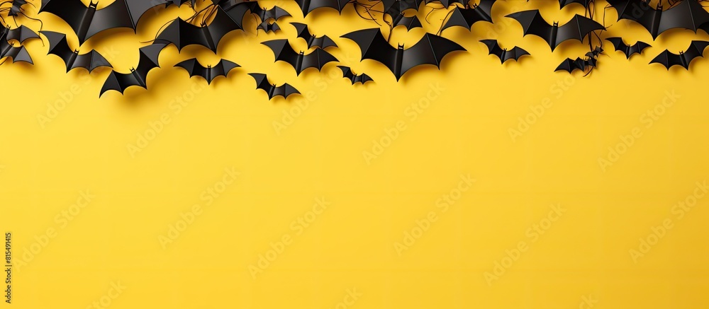 Poster A top view image of a Halloween banner featuring black paper bats on a yellow and white background with a horizontal orientation and plenty of copy space