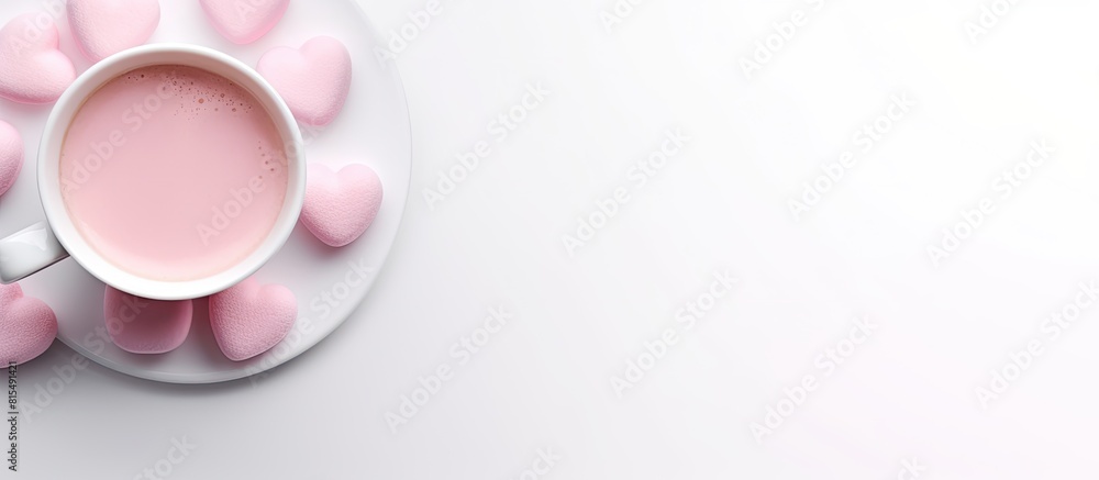 Poster Top view of a cup of coffee with a heart shaped pink marshmallow on a white background providing copy space for text or images