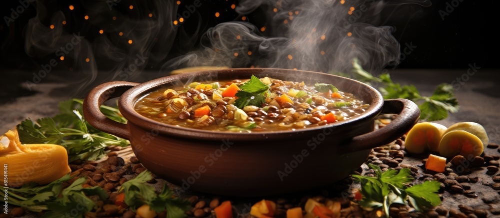 Poster a studio photo of a vegetable soup highlighting the lentils. creative banner. copyspace image