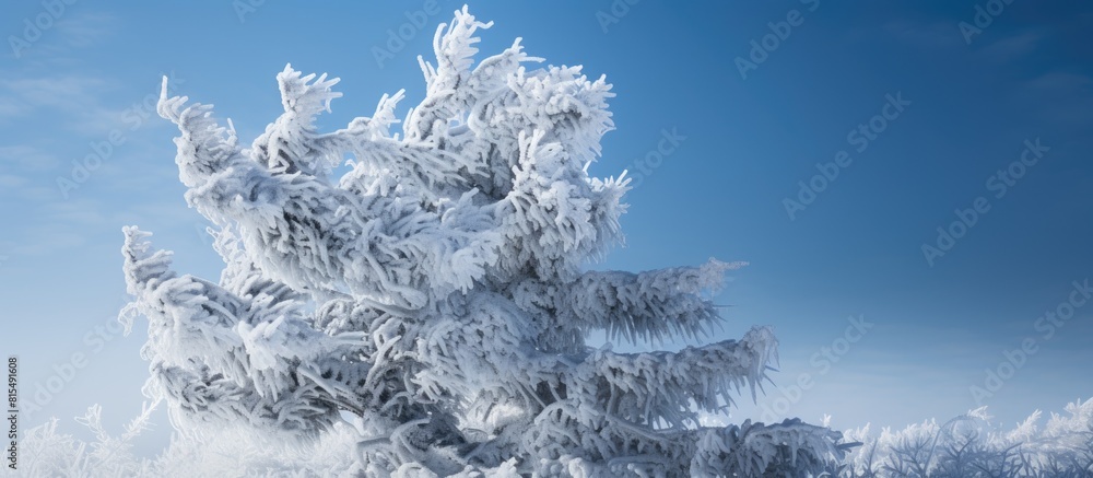 Poster an image of a frozen evergreen tree covered in ice suitable for use as a copy space image