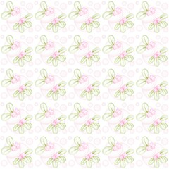 Background with pink floral pattern interspersed with leaves.