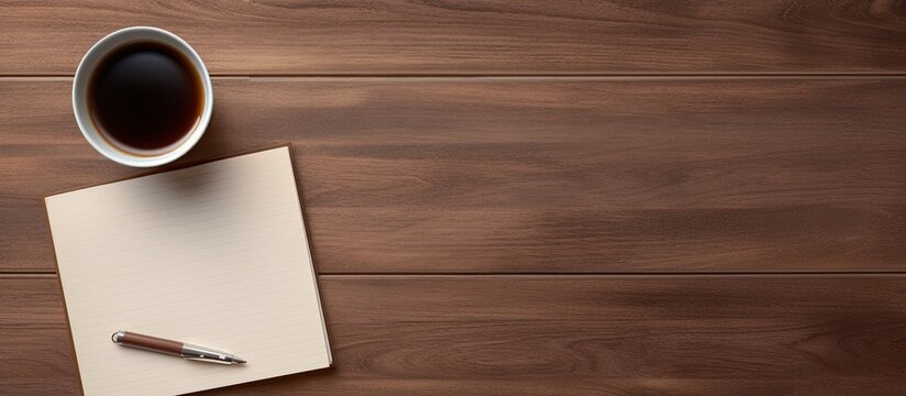 Top view of a wooden office desk table with a blank notebook page a pen and a cup of coffee The image has copy space and is captured in a flat lay style