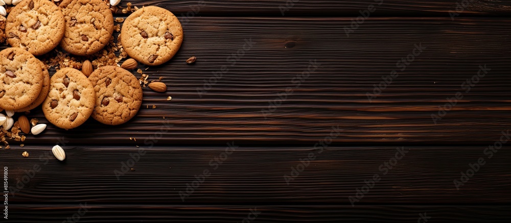 Poster a close up view of oatmeal cookies with peanuts on a dark wooden table seen from the top with ample 