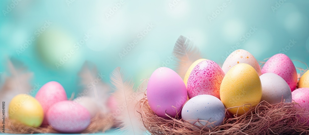 Poster colorful easter eggs displayed in a nest on a pastel background providing ample space for copy or ad