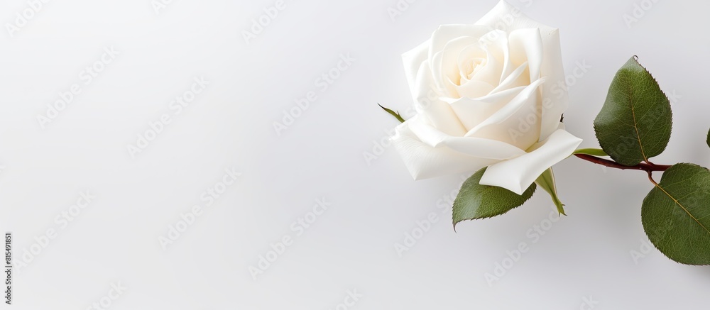 Poster An artificial white rose flower with a clean and minimalist aesthetic set against a simple white background creating a visually pleasing copy space image