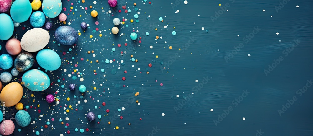 Poster an easter themed background with speckled eggs designed for children leaving space for adding images
